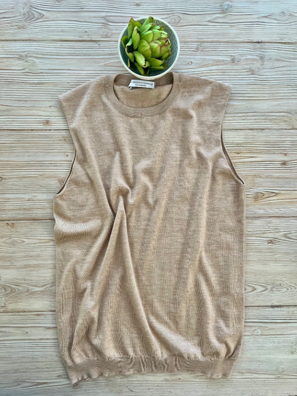 Brunello Cucinelli Cashmere Silk Sleeveless Sweater Beige Tan Size L Italy - Picture 3 of 6